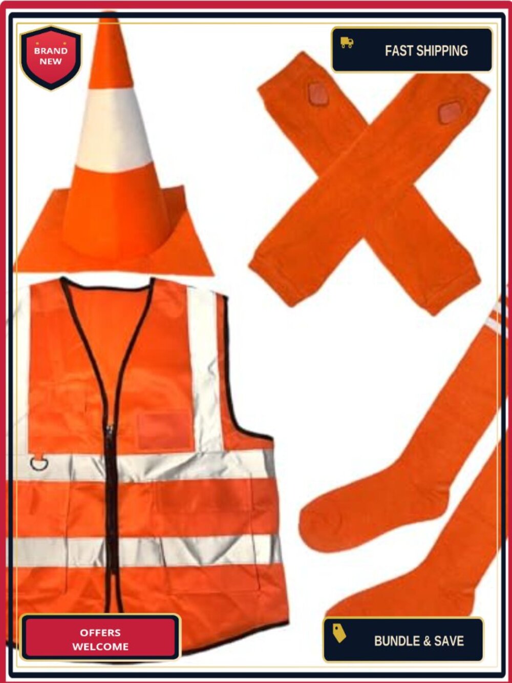 Traffic Cone Costume Set Felt Hat Reflective Vest Gloves Socks